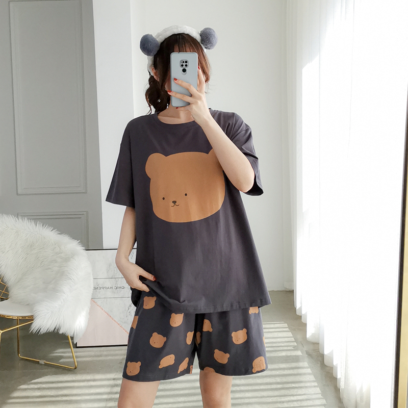 卡通熊纯棉睡衣男女短袖加大码夏季两件套简约情侣胖mm宽松家居服