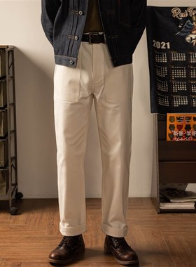 红风 复古工装裤高腰直筒长裤OG107鱼骨纹美式海军白色长裤甲板裤