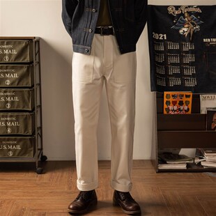 高腰直筒长裤 裤 OG107鱼骨纹美式 海军白色长裤 红风 甲板裤 复古工装