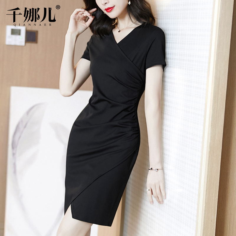 连衣裙女夏装2021新款短袖黑色收腰显瘦气质V领包臀开叉一步裙子