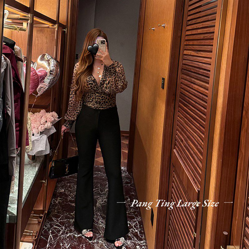 胖婷大码定制胖mm长腿必杀技春夏弹力高腰显瘦双色微喇西裤女