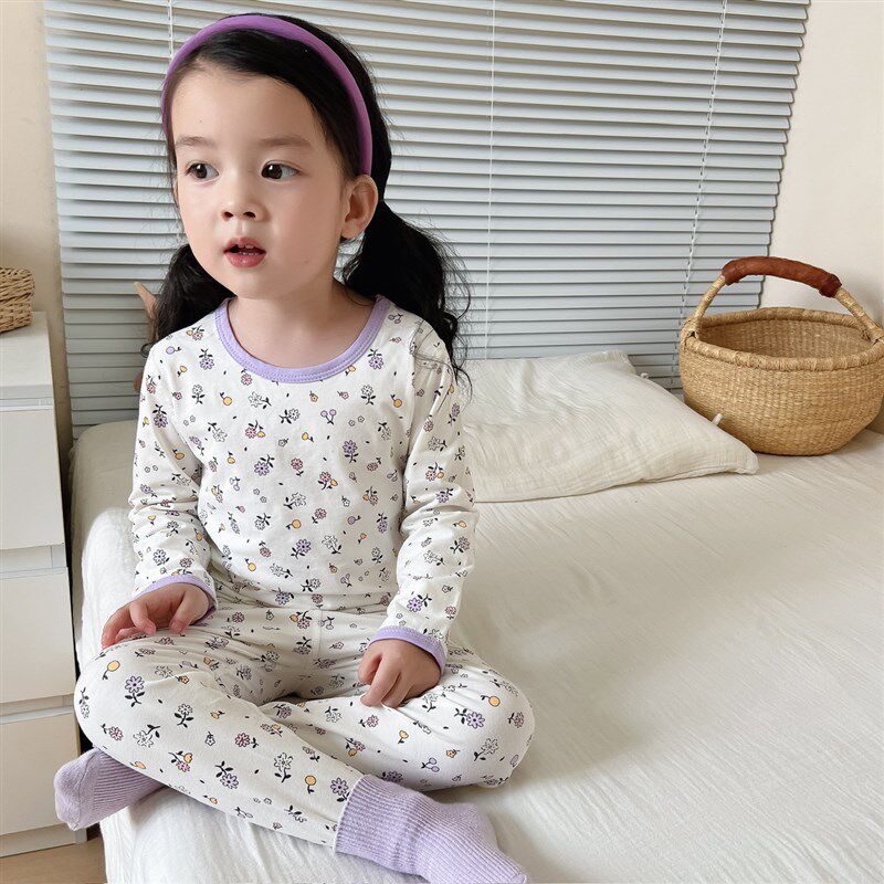 莱卡棉长袖长裤内衣套装儿童纯棉薄款秋衣秋裤男女宝宝无骨家居服