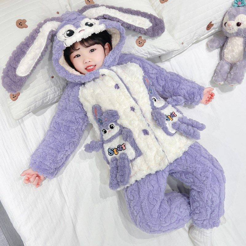 女童睡衣冬季中长加厚款珊瑚绒三层夹棉女宝宝中大家居服卡通套装
