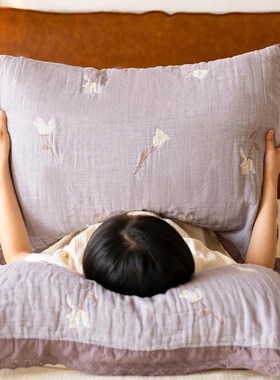 白玫瑰紫色花边枕巾韩式2024新款纯棉一对装加大防头油全棉高档