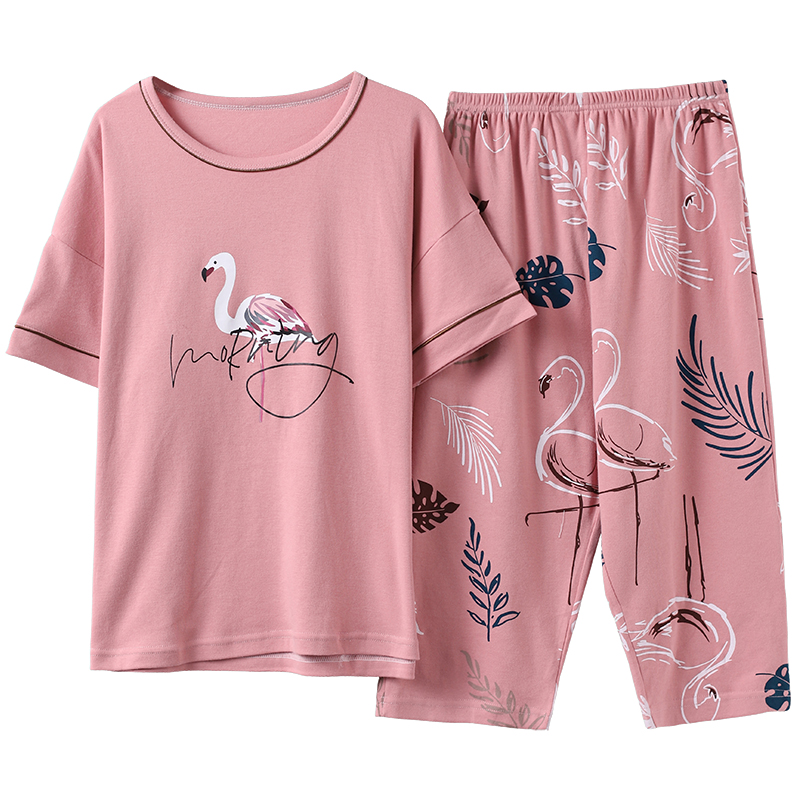 夏季中年女纯棉短袖睡衣妈妈款夏天中老年家居服宽松大码胖mm套装