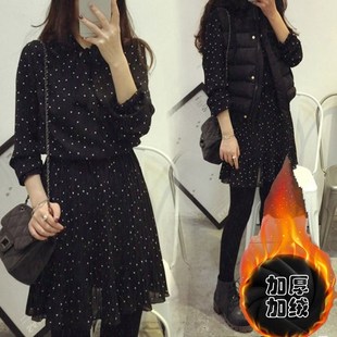 黑色波点雪纺连衣裙女长袖2024秋冬新款修身显瘦小个子内搭打底裙