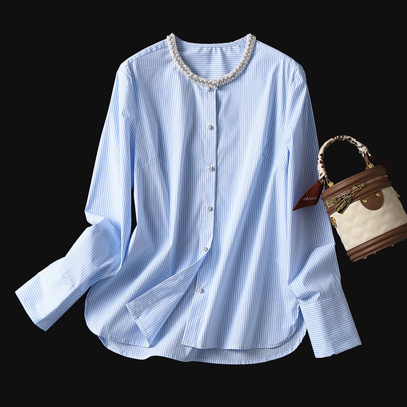 淘么淘 满屏俏丽动人 手工珍珠水钻镶边棉质蓝白条纹宽松长袖衬衫
