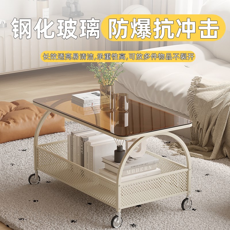 奶油风可移动方形客厅小户型茶几网红简约钢化玻璃可储物小型茶桌