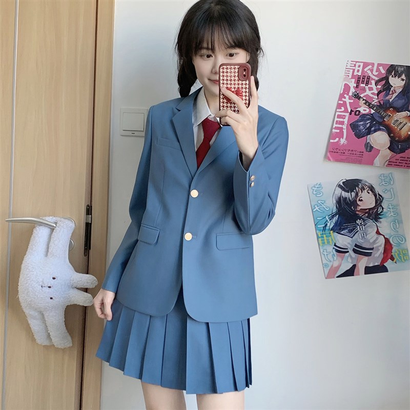 樱花家族jk漫画感绀碧色 校供感西服西裤DK制服西装外套套装男女