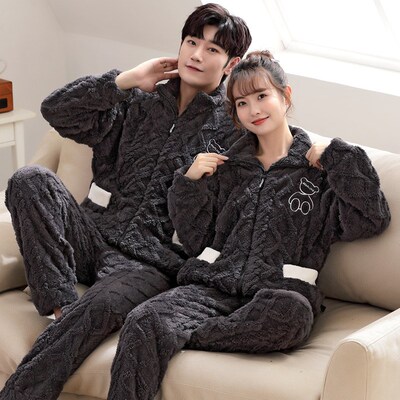 秋冬季珊瑚绒情侣睡衣女加厚加绒法兰绒冬开衫男家居服套装加大码