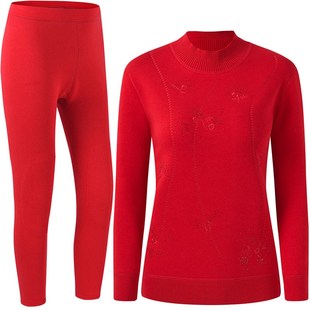 女秋冬保暖内衣加绒加厚 妈妈套装 本命年龙年衣服2024红色女装 时尚