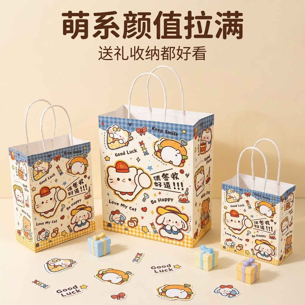 牛皮纸手提袋可爱卡通礼品袋礼物袋饰品零食打包袋小号纸袋包装袋
