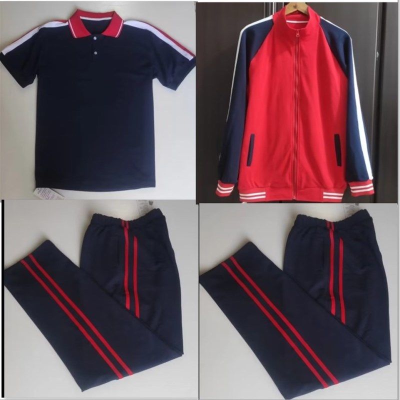 定制中小学生纯棉夏季短袖休闲外套大红色两道杠裤子男女中性校服