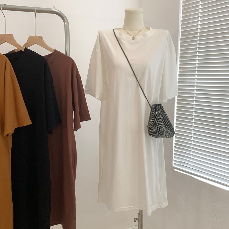 夏季2024新款百搭宽松大码t恤女短袖中长款过膝遮屁股连衣裙上衣
