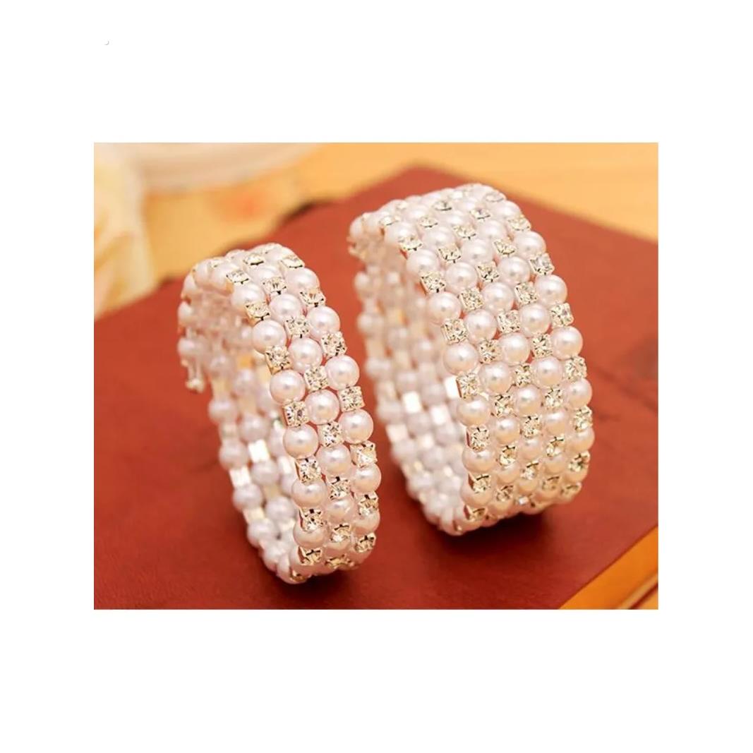 韩版时尚多层珍珠镶钻缠绕螺旋手炼宽手镯女弹力宽手环流行装饰品