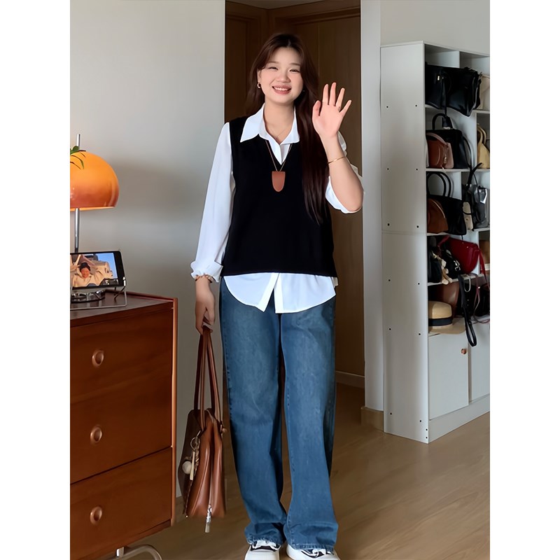 微胖的喵喵 春季显瘦宽松休闲百搭针织马甲长袖衬衫大码套装 2158