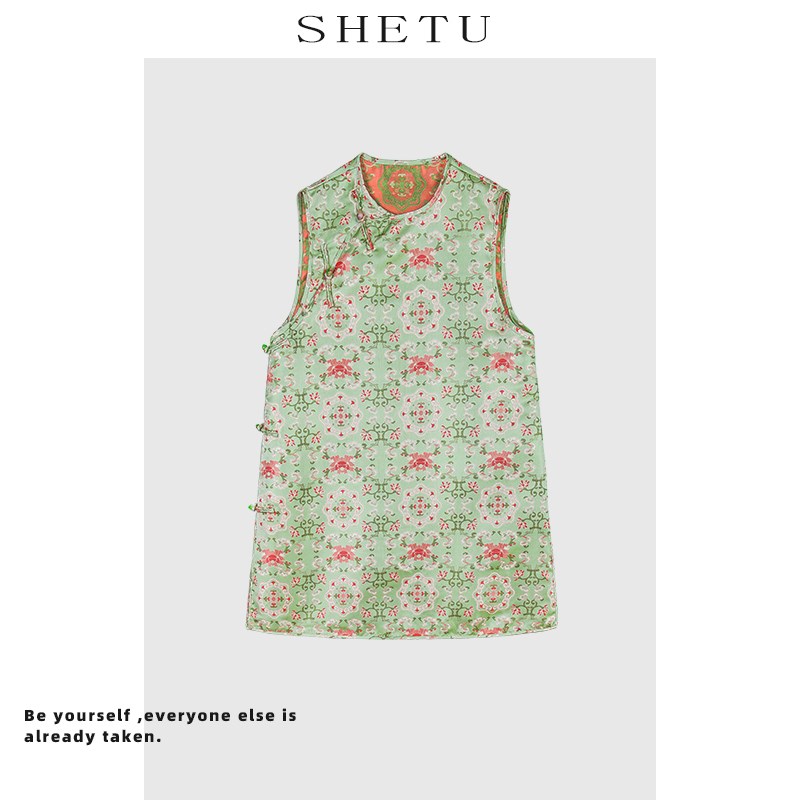 新中式复古唐装宋锦绿色连衣裙夏季新款无袖盘扣提花国风裙子女