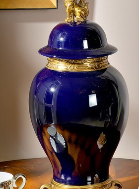 美式青花陶瓷镶铜将军罐摆件客厅奢华摆设品欧式玄关高档工艺品