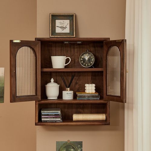 北美黑胡桃木吊柜墙壁柜茶壶具杯子防尘储物柜墙上壁挂实木展示柜