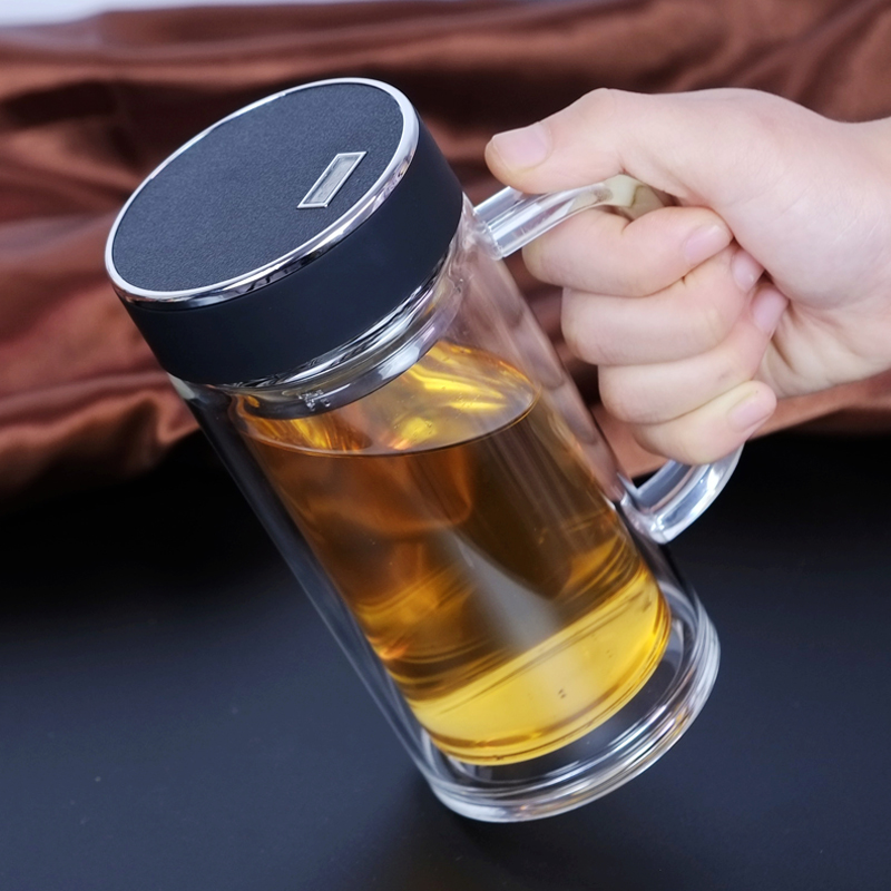 家用带网双层玻璃杯过滤茶叶男女办公室泡茶水杯带把手柄杯子定制