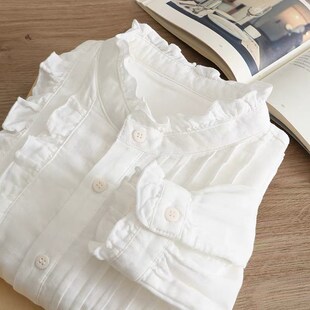 森系甜美木耳边文艺立领双层棉纱衬衫 纯棉衬衣休闲打底 女春秋长袖