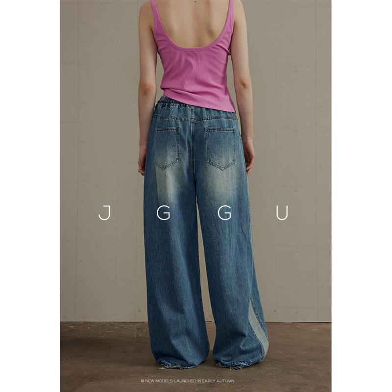 晶咕黑标女装全尺码系列复古水洗抽绳牛仔裤夏季休闲直筒宽松裤子