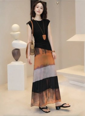 今年流行的漂亮套装裙女夏季后纽扣抽绳上衣晕染网纱半身裙两件套
