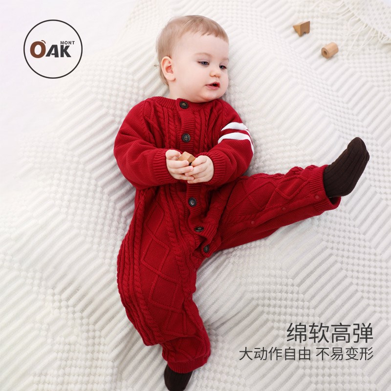 Oak mont婴儿针织连体衣冬装满月喜庆衣服宝宝加绒加厚毛衣纯棉