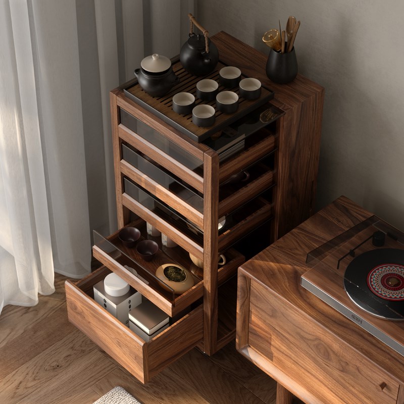 木小咖 光影实木茶具展示柜可移动边柜黑胡桃木茶桌茶台茶水柜