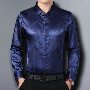 男装本命年大红色长袖衬衫秋冬中国风龙纹薄款衬衣中年绸缎上衣男