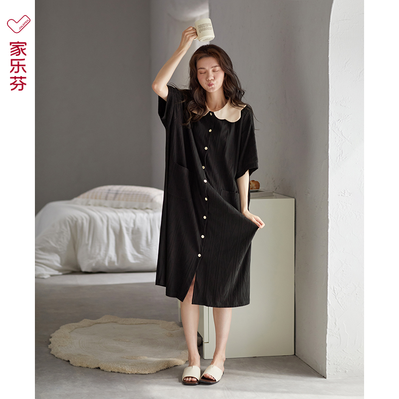 家乐芬睡裙女士睡衣夏季夏天夏款纯棉短袖开衫长款黑色甜美公主风