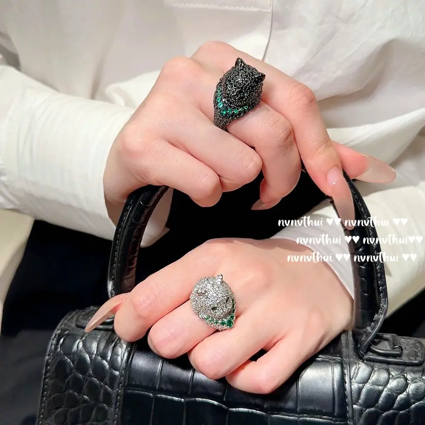 富丽堂皇孔雀绿宝石小猫戒指 vinta镀18k金 贝壳玫瑰花锆石戒指