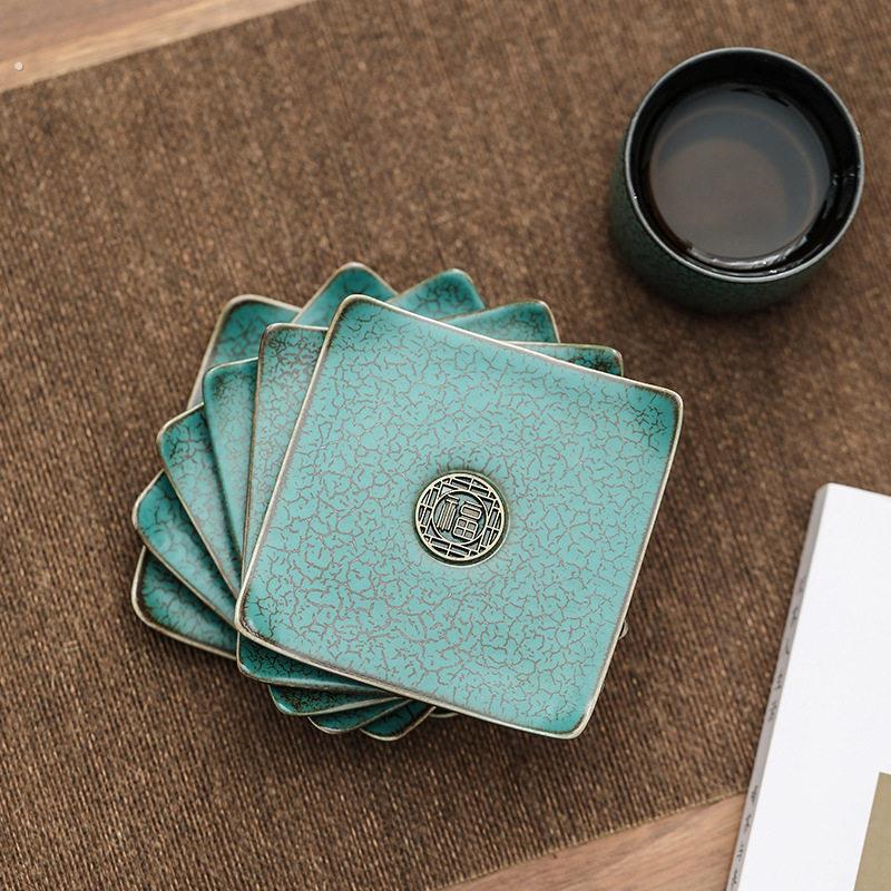 孔雀绿釉茶杯托小杯垫杯托粗陶陶瓷功夫茶具零配茶道创意隔热杯垫