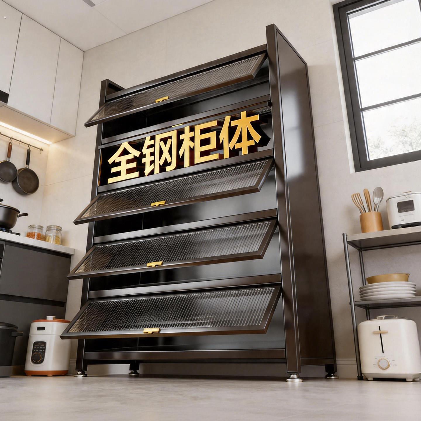 家用多功能置物架厨房橱柜一体式靠墙储物柜锅碗架简易钢制收纳柜