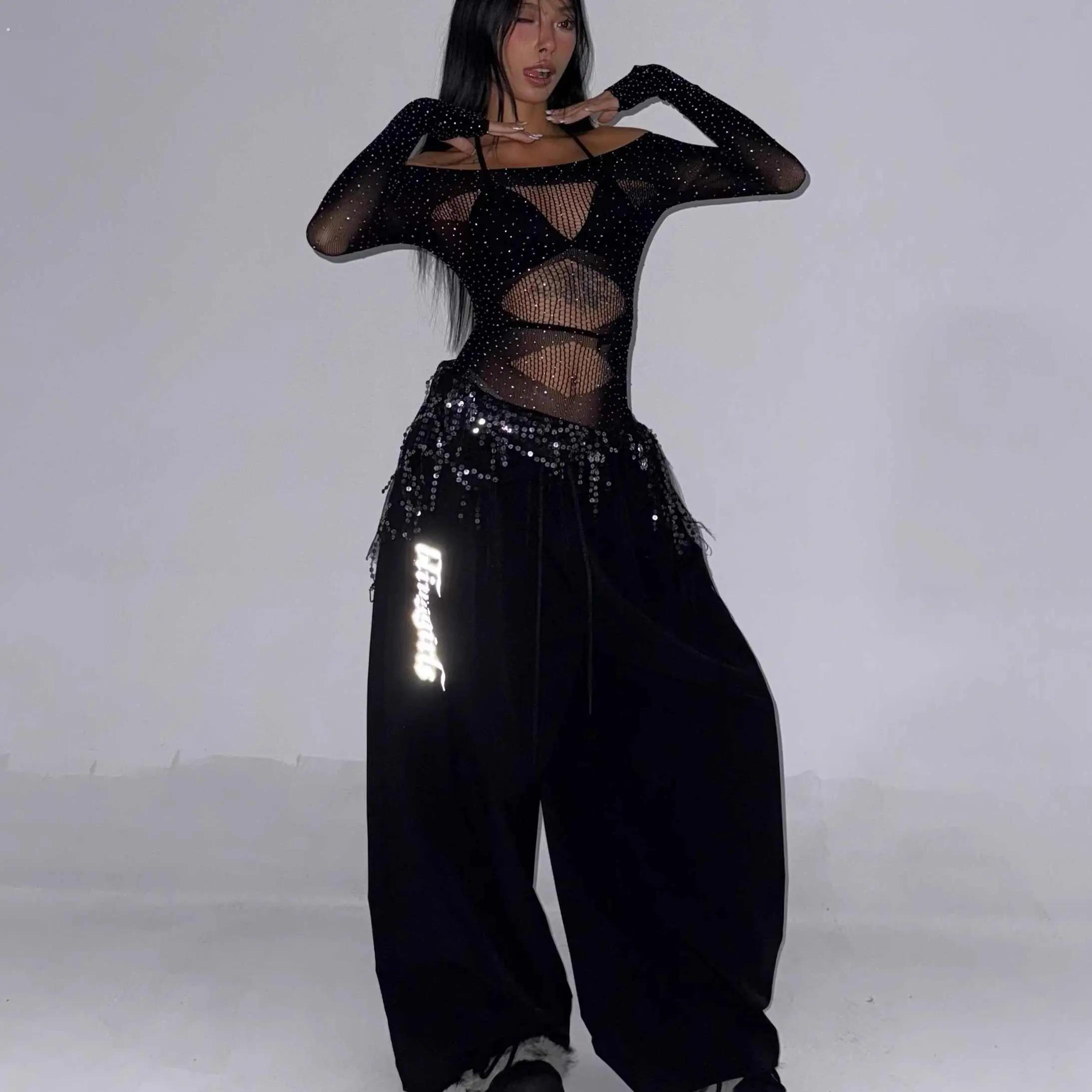 跳舞专用爵士上衣女士爵士衣服heels衣网格烫钻性感高弹连裆长袖