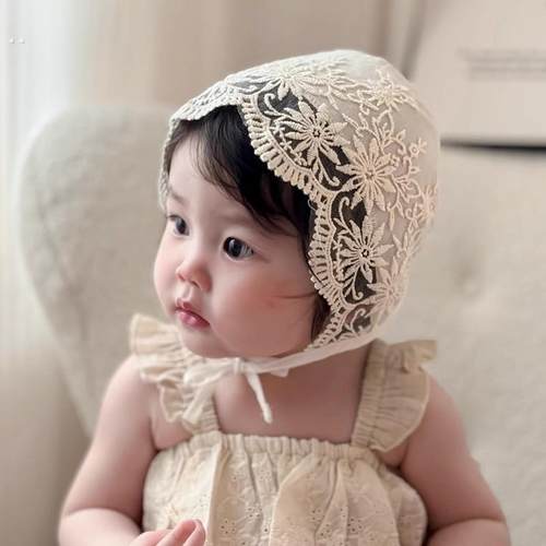 婴儿帽子春秋蕾丝花边公主外出婴幼儿遮阳帽女宝宝宫廷帽夏季薄款
