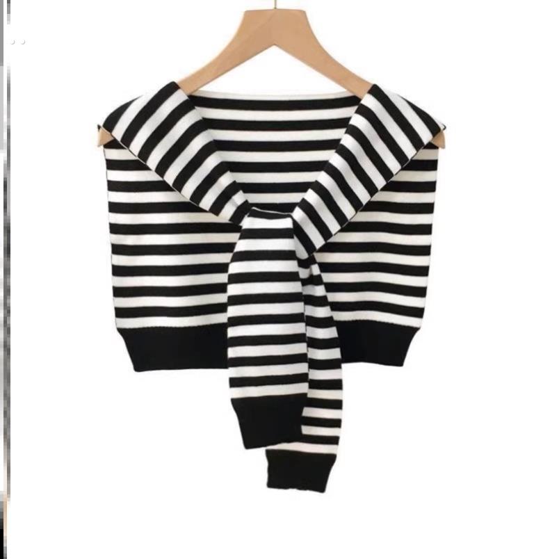 白色条纹外搭小披肩针织打结女韩版百搭装饰假领子围巾春夏秋搭肩