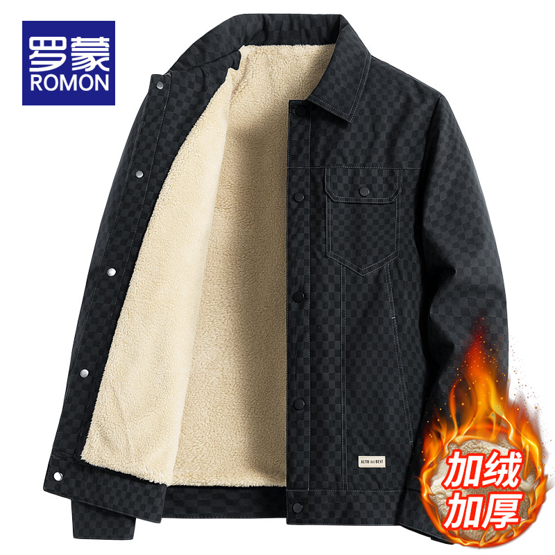 罗蒙男士夹克休闲翻领男装加绒加厚上衣2025冬季新款潮流工装外套