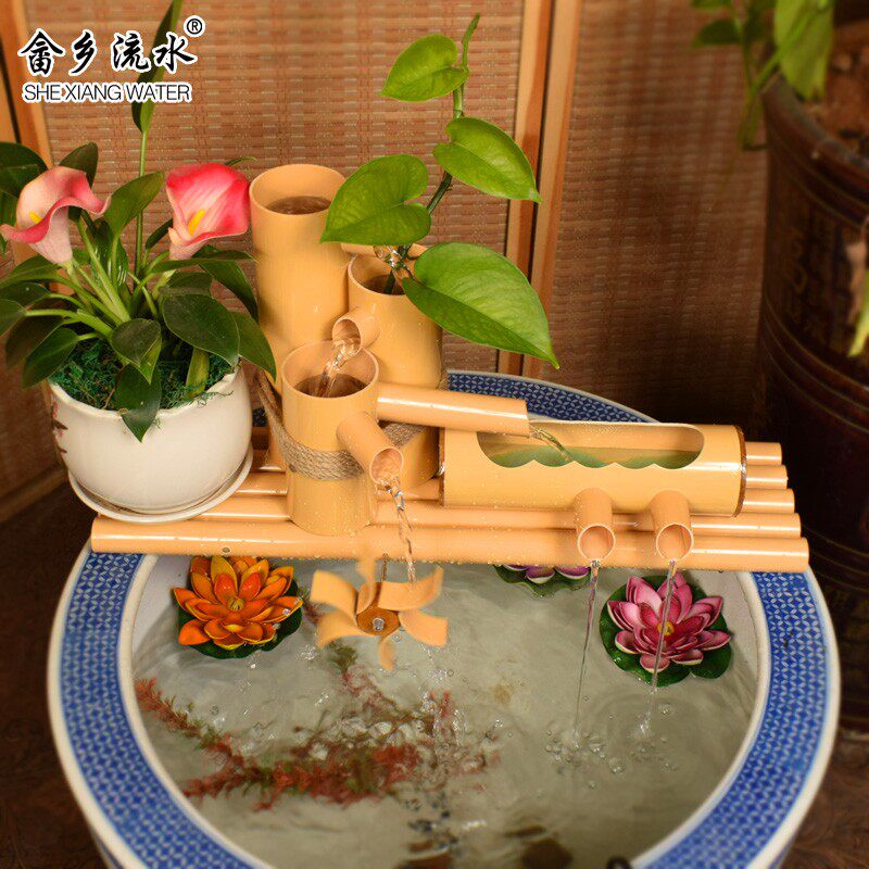 竹流水摆件 喷泉鱼缸造景装饰石槽循环增氧过滤水车PVC竹子流水器