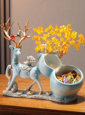 创意鹿收纳放钥匙水晶发财树摆件轻奢玄关客厅鞋柜入户进门装饰品