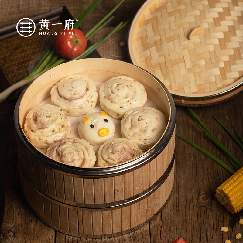 黄一府蒸笼竹制家用不锈钢包边竹编蒸架商用加深竹蒸屉小笼包蒸格