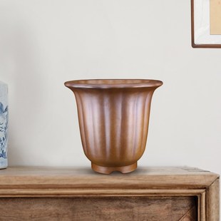 新款 高档精品宜兴名家秦夕洪筋纹段泥柴烧绿釉面金钟兰花盆景盆