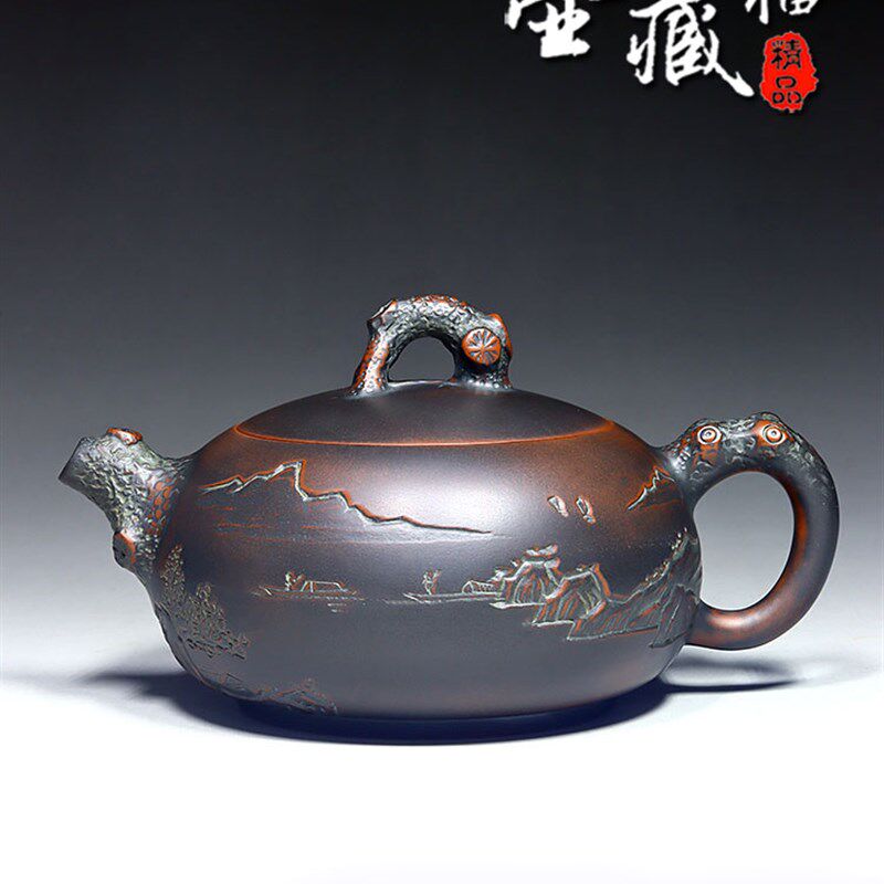 广西坭兴陶茶壶纯手工名家雕刻中式复古茶器家用家具泡茶壶紫泥