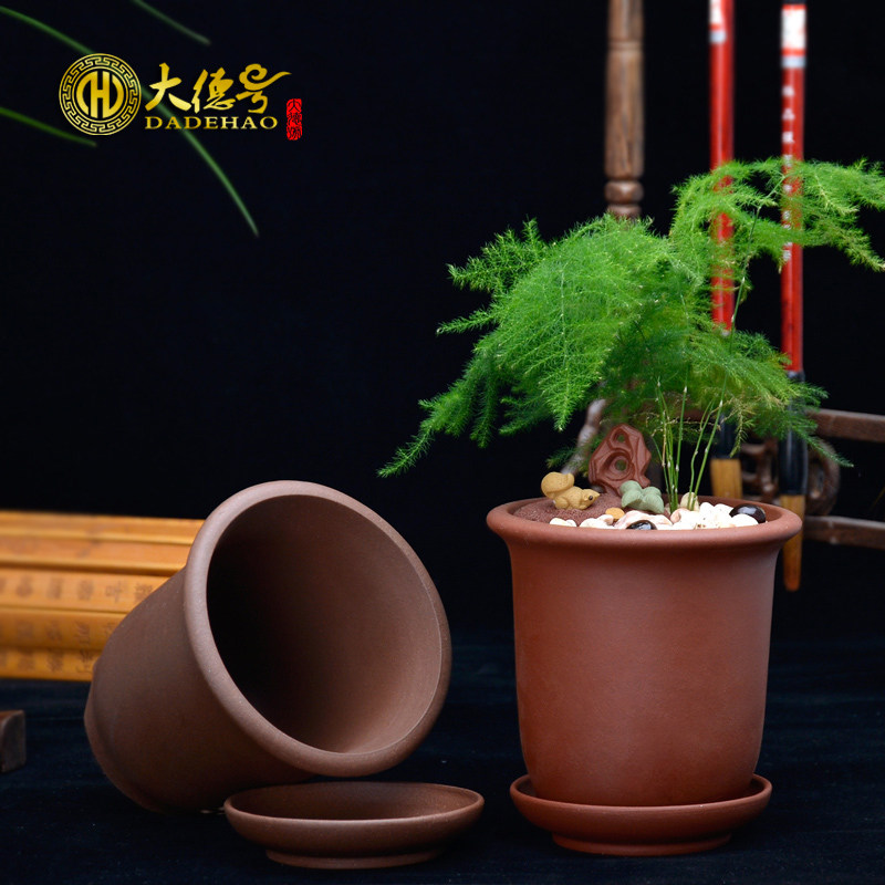 多肉植物紫砂花盆 宜兴绿植绿萝粉掌金钱草文竹吊兰小盆栽带托盘