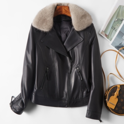 歌珞伊 1619-1 海宁真皮皮衣女机车夹克羽绒内胆水貂毛领可脱卸