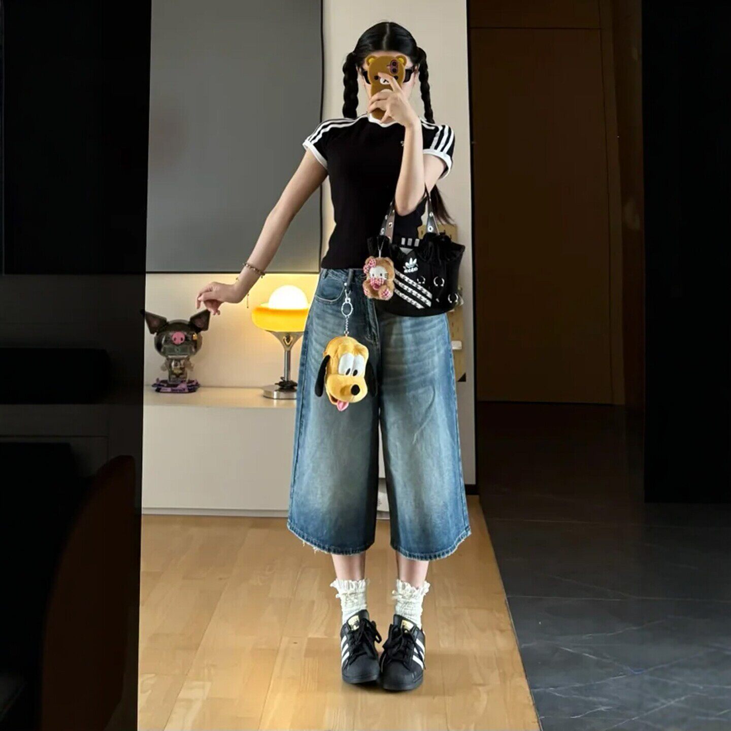 美式复古阔腿牛仔短裤女夏季大尺码胖mm八分裤高腰宽松显瘦七分五