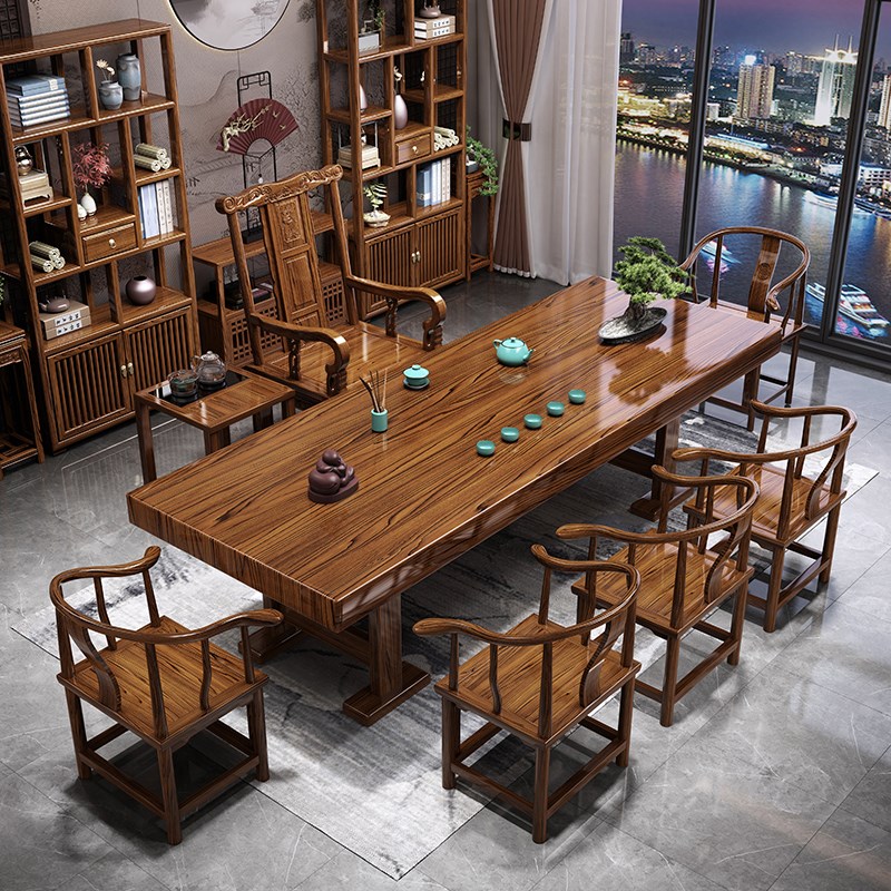实木大板茶桌椅组合一桌五椅原木新中式家用茶几办公室泡茶台一体