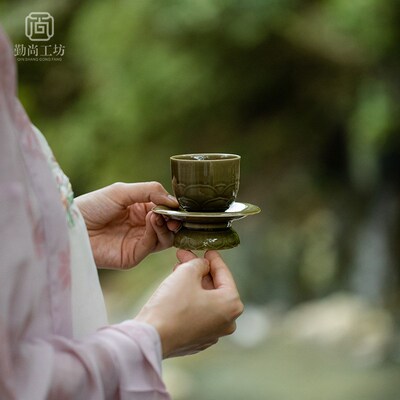 越窑秘色莲花茶杯盏陶瓷茶杯带杯垫组合家用功夫茶具主人杯品茗杯