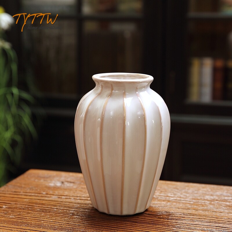 竖纹鼓形地中海风格釉面高档高温花器摆件