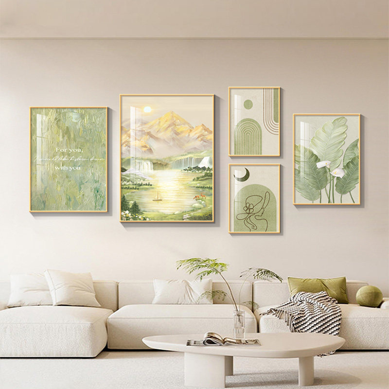 日照金山组合画现代简约聚宝盆绿色高大气沙发背景墙装饰画